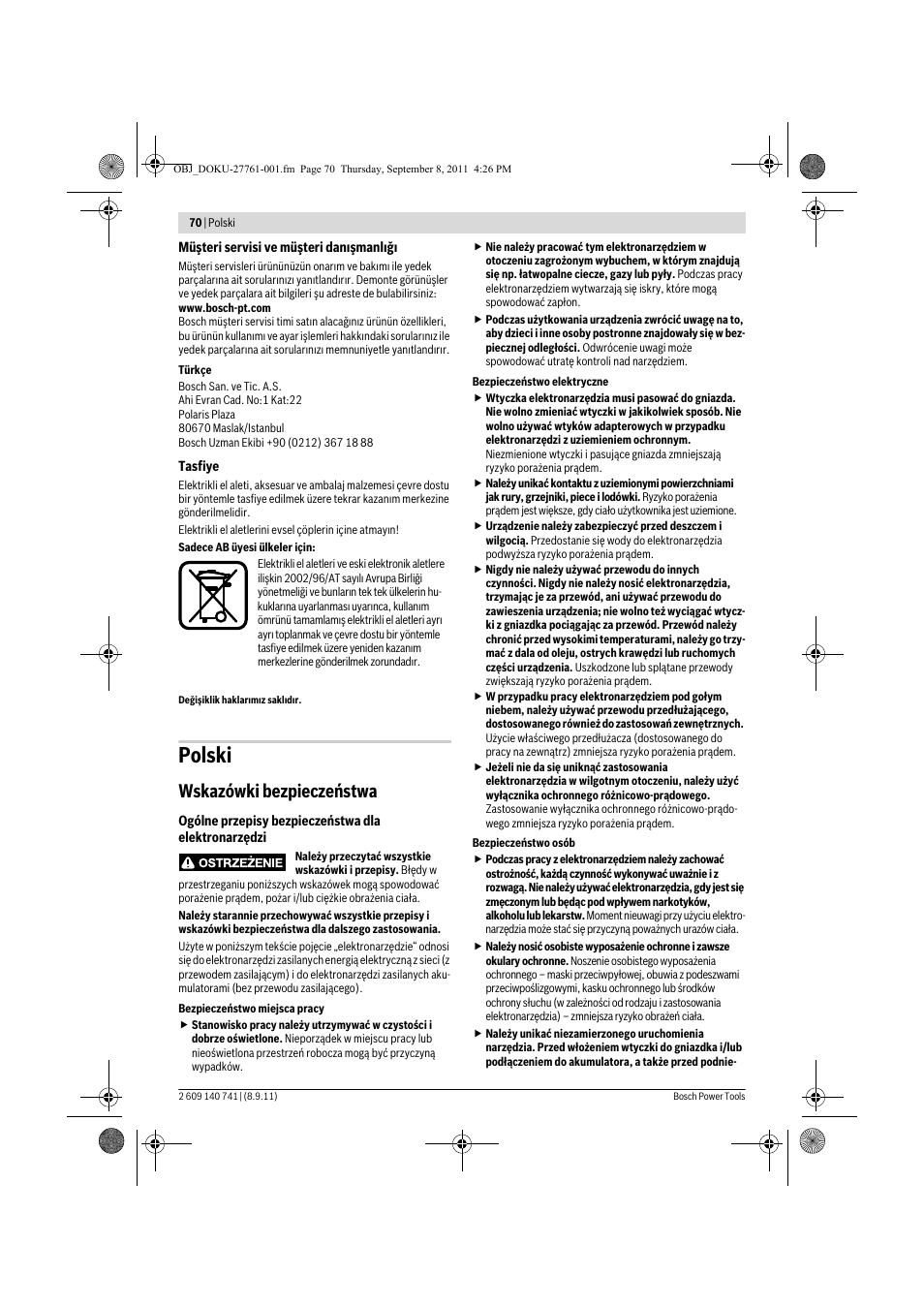 Polski, Wskazówki bezpieczeństwa | Bosch GHO 26-82 Professional User Manual | Page 70 / 142