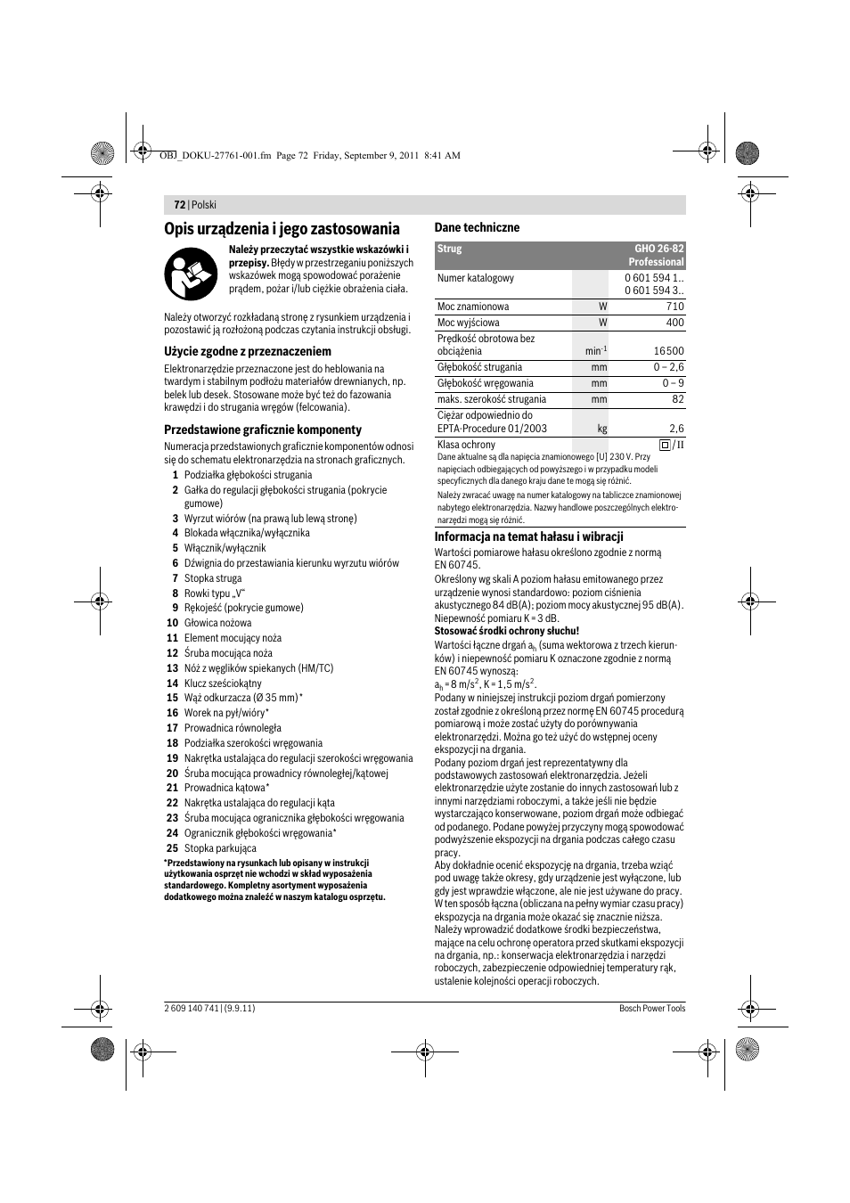 Opis urządzenia i jego zastosowania | Bosch GHO 26-82 Professional User Manual | Page 72 / 142
