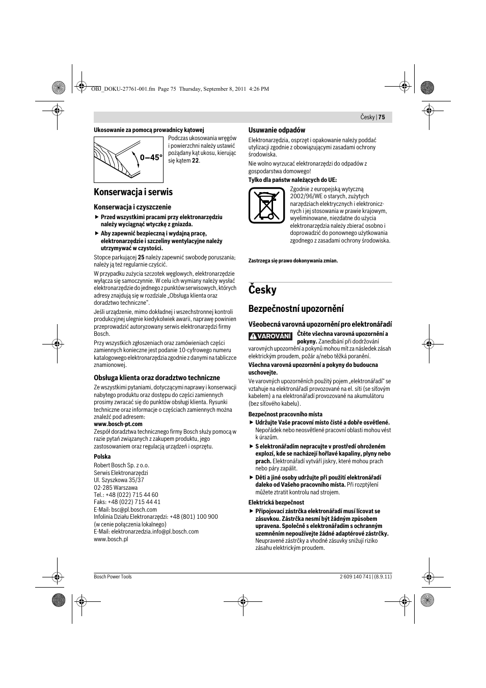 Česky, Konserwacja i serwis, Bezpečnostní upozornění | Bosch GHO 26-82 Professional User Manual | Page 75 / 142