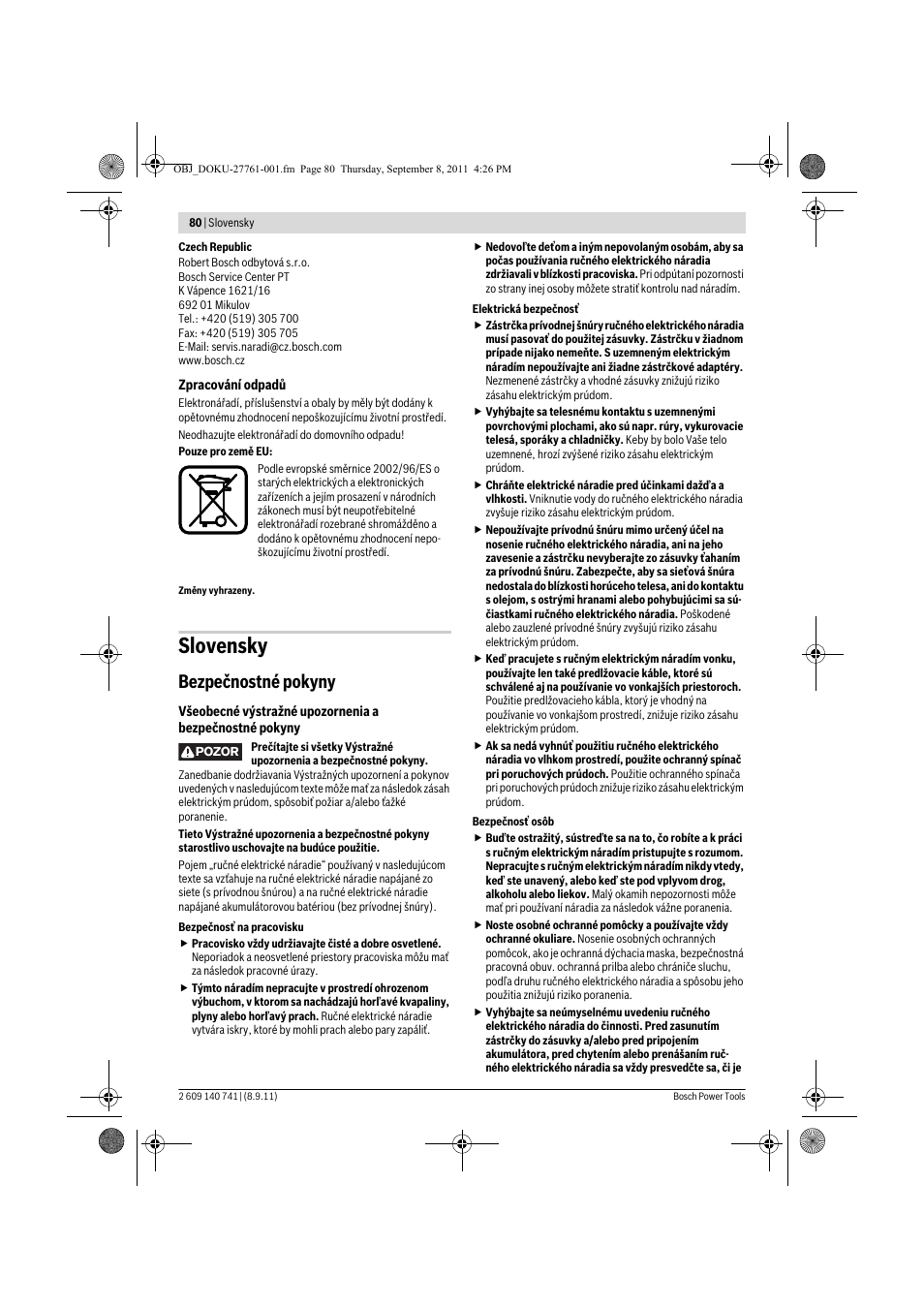Slovensky, Bezpečnostné pokyny | Bosch GHO 26-82 Professional User Manual | Page 80 / 142