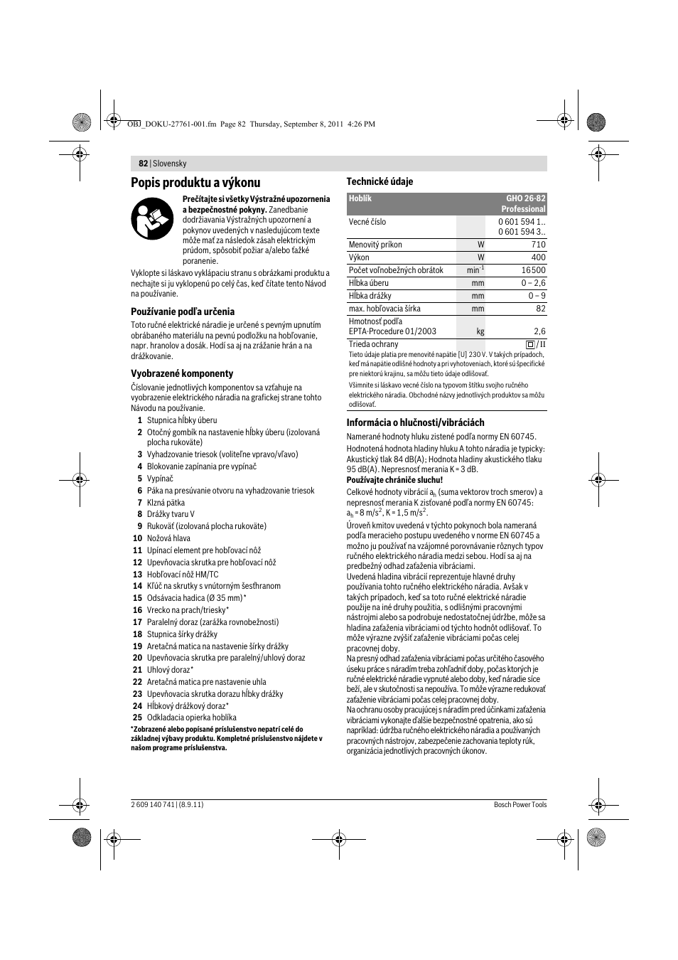 Popis produktu a výkonu | Bosch GHO 26-82 Professional User Manual | Page 82 / 142