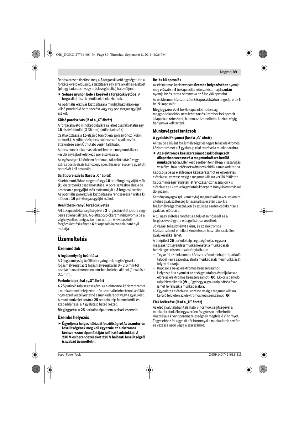 Üzemeltetés | Bosch GHO 26-82 Professional User Manual | Page 89 / 142