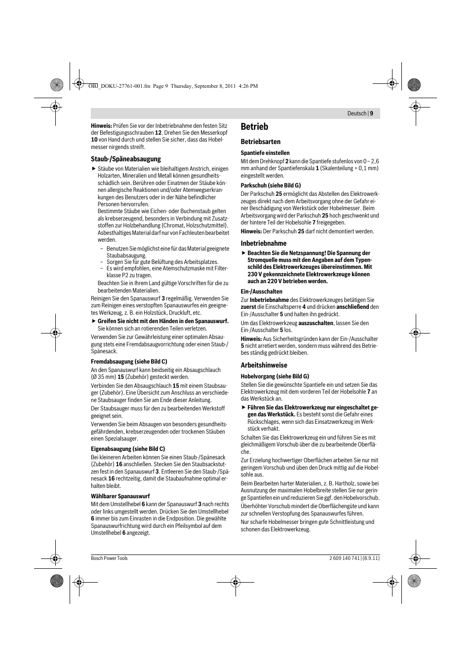 Betrieb | Bosch GHO 26-82 Professional User Manual | Page 9 / 142