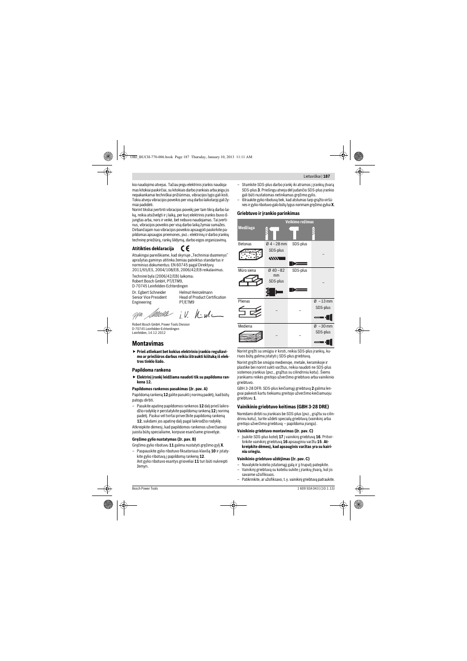 Montavimas | Bosch GBH 3-28 DRE Professional User Manual | Page 187 / 207