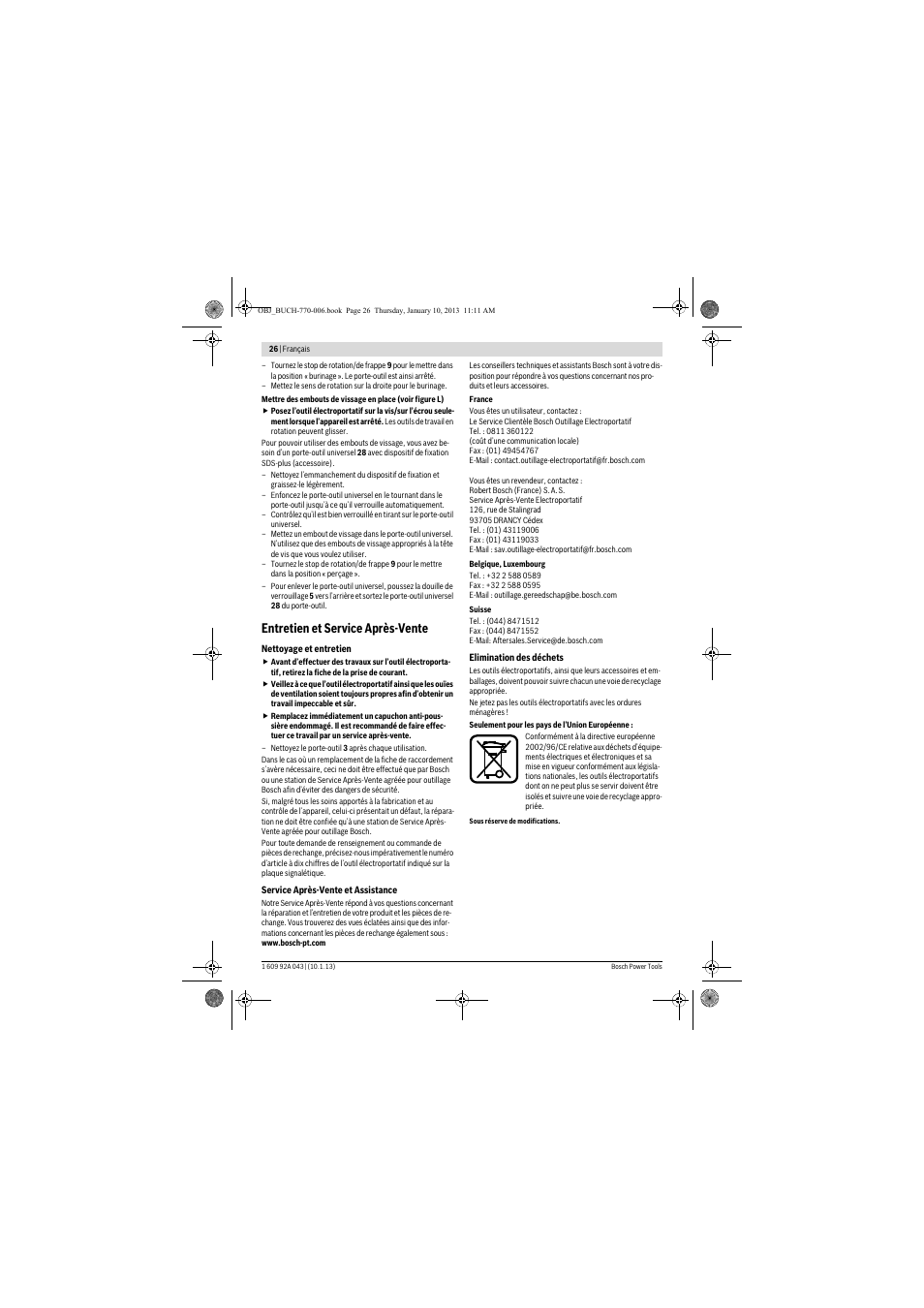 Entretien et service après-vente | Bosch GBH 3-28 DRE Professional User Manual | Page 26 / 207