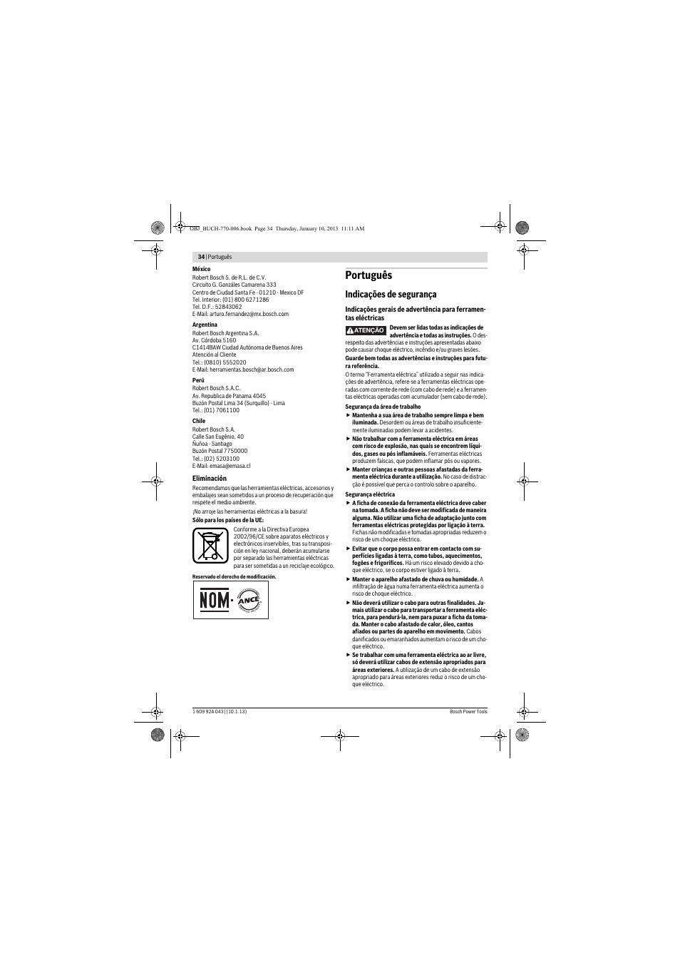 Português, Indicações de segurança | Bosch GBH 3-28 DRE Professional User Manual | Page 34 / 207