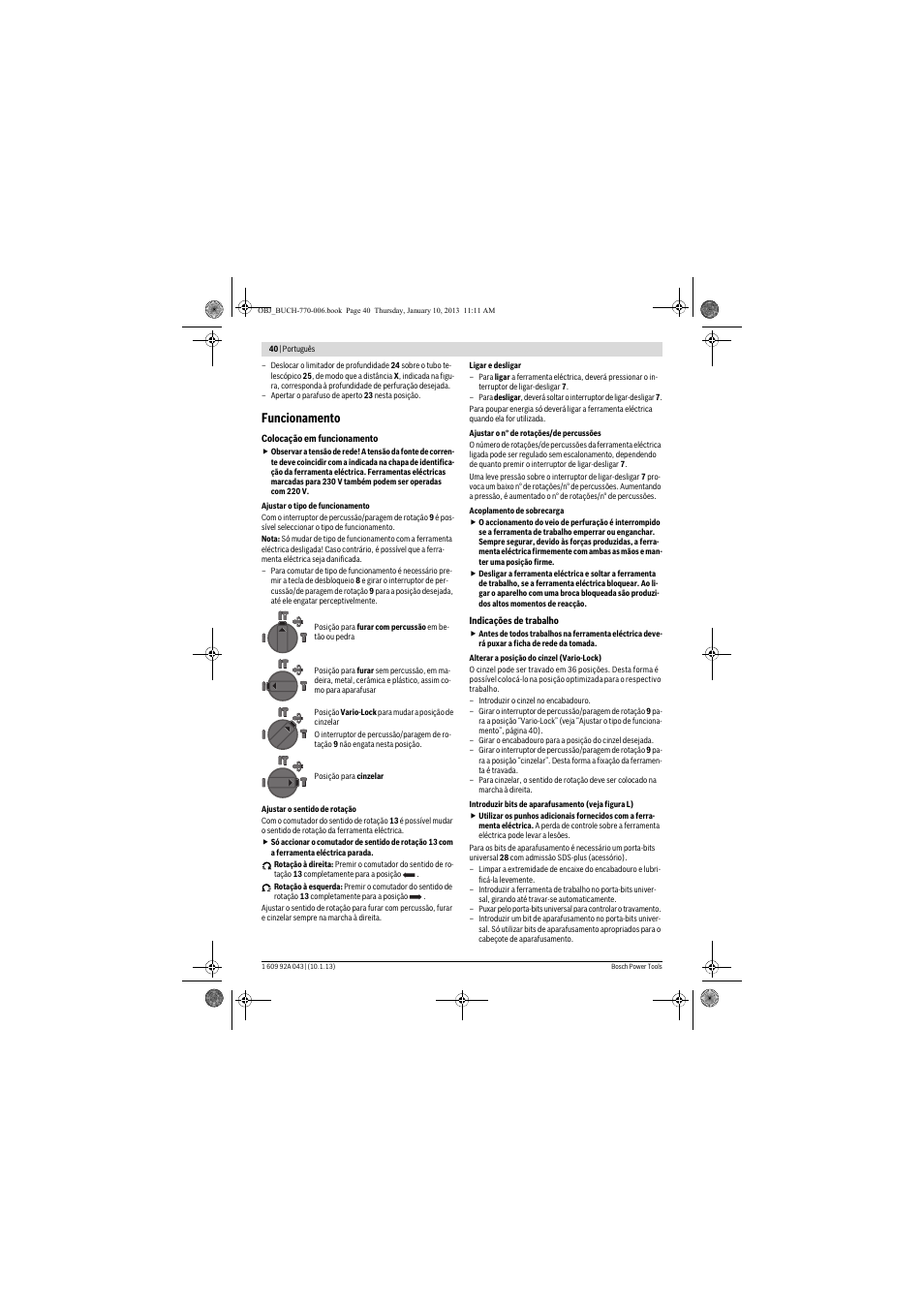 Funcionamento | Bosch GBH 3-28 DRE Professional User Manual | Page 40 / 207