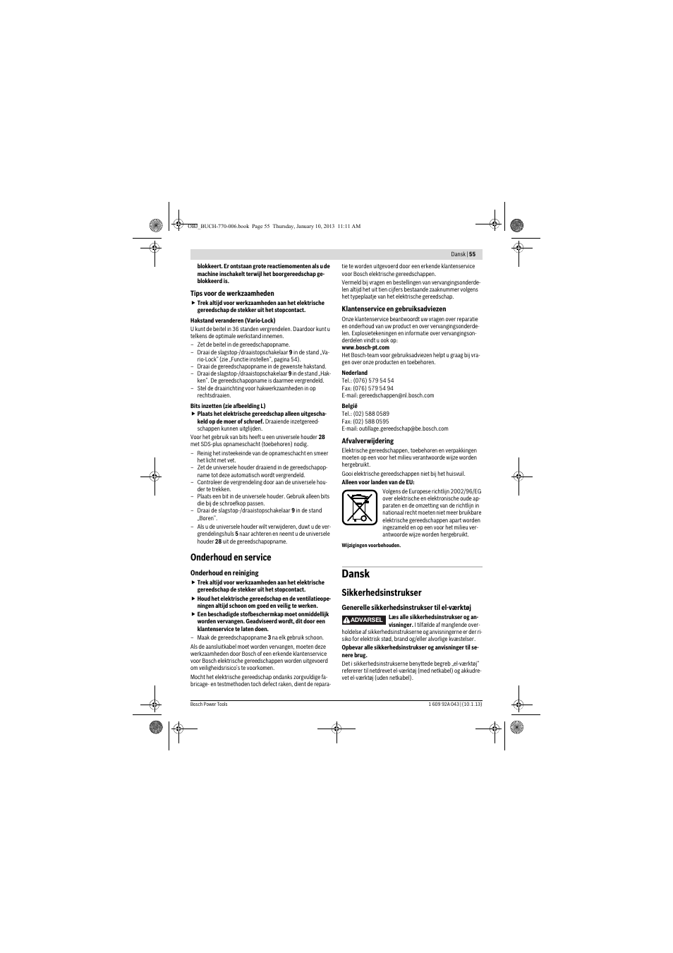 Dansk, Onderhoud en service, Sikkerhedsinstrukser | Bosch GBH 3-28 DRE Professional User Manual | Page 55 / 207