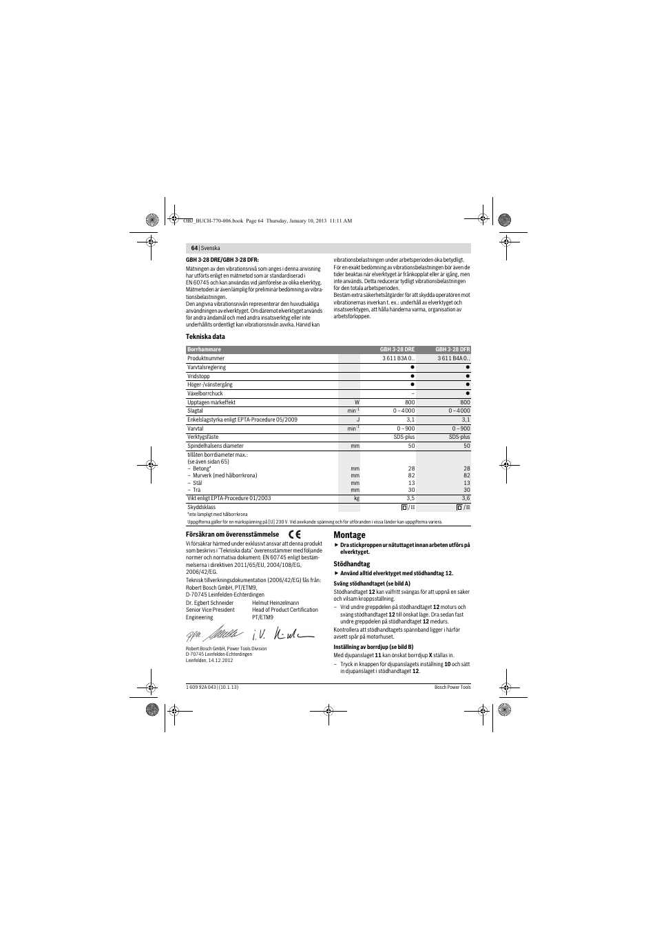 Montage | Bosch GBH 3-28 DRE Professional User Manual | Page 64 / 207