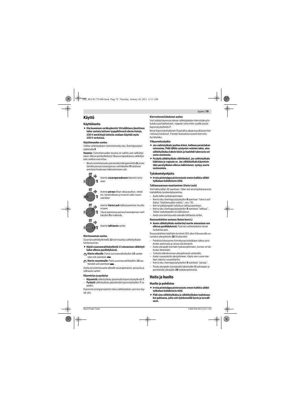 Käyttö, Hoito ja huolto | Bosch GBH 3-28 DRE Professional User Manual | Page 79 / 207