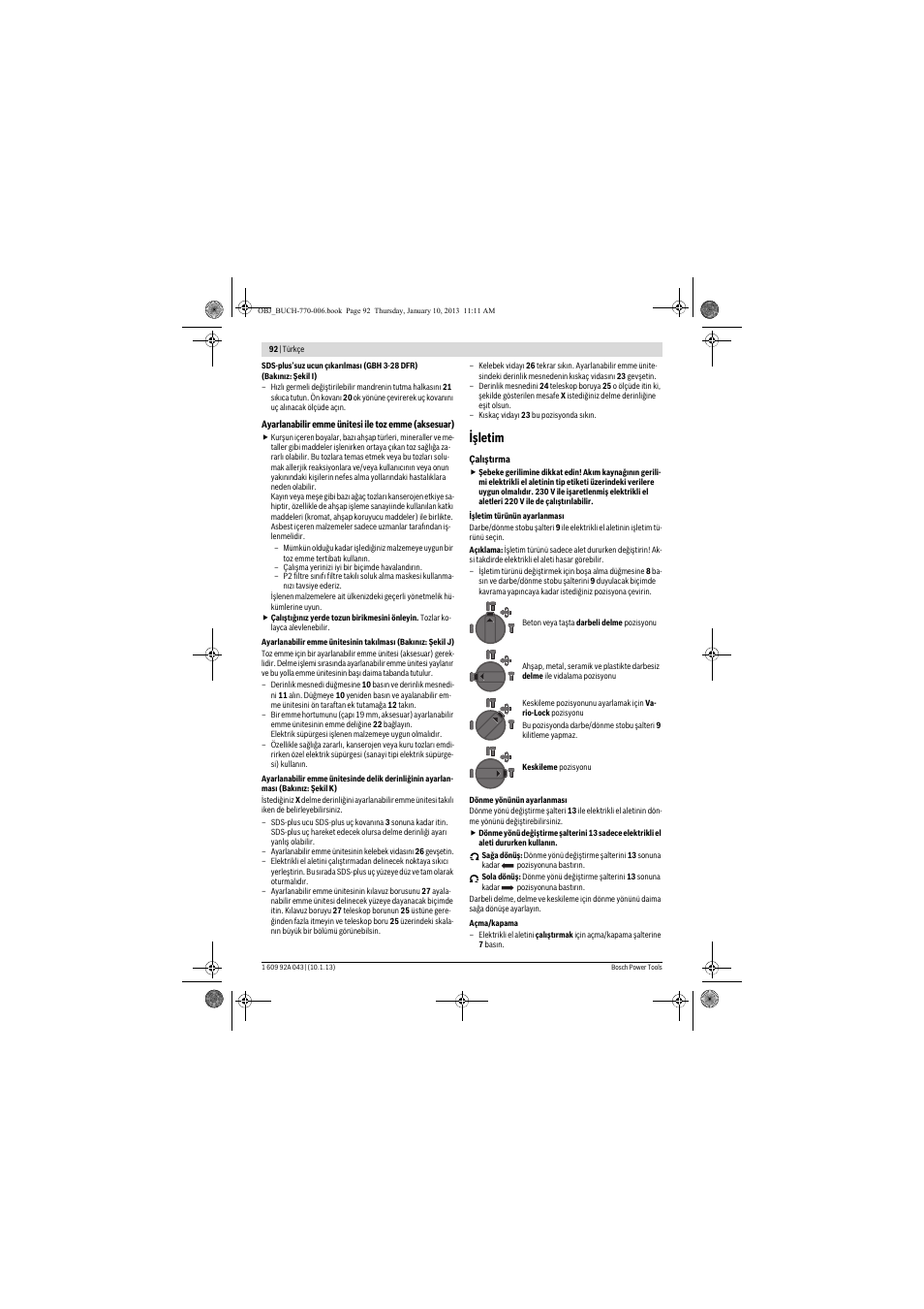 Işletim | Bosch GBH 3-28 DRE Professional User Manual | Page 92 / 207