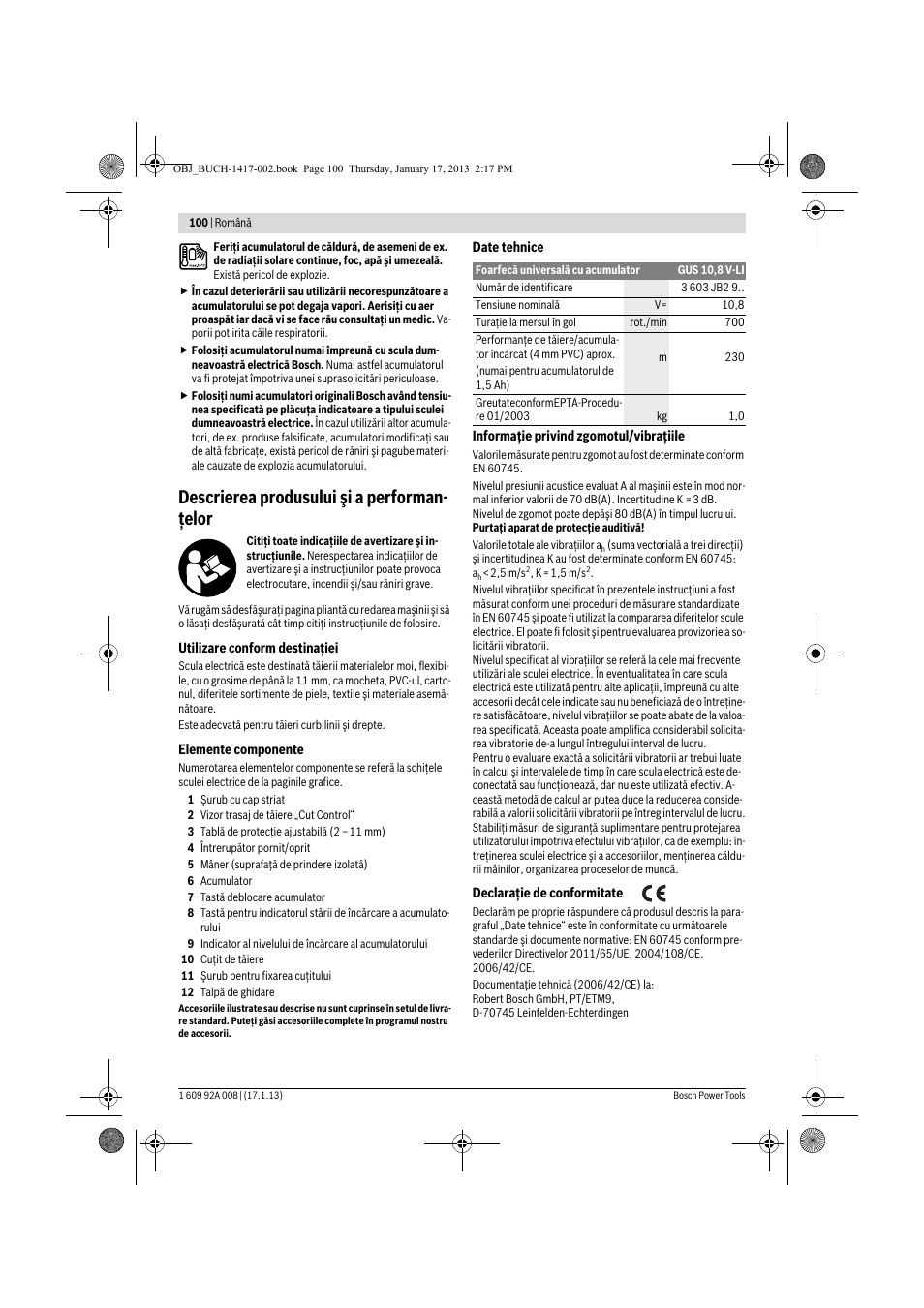 Descrierea produsului şi a performan- ţelor | Bosch GUS 10,8 V-LI Professional User Manual | Page 100 / 145