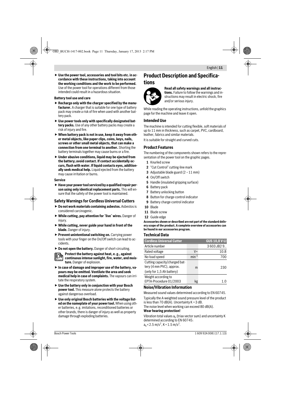 Product description and specifica- tions | Bosch GUS 10,8 V-LI Professional User Manual | Page 11 / 145