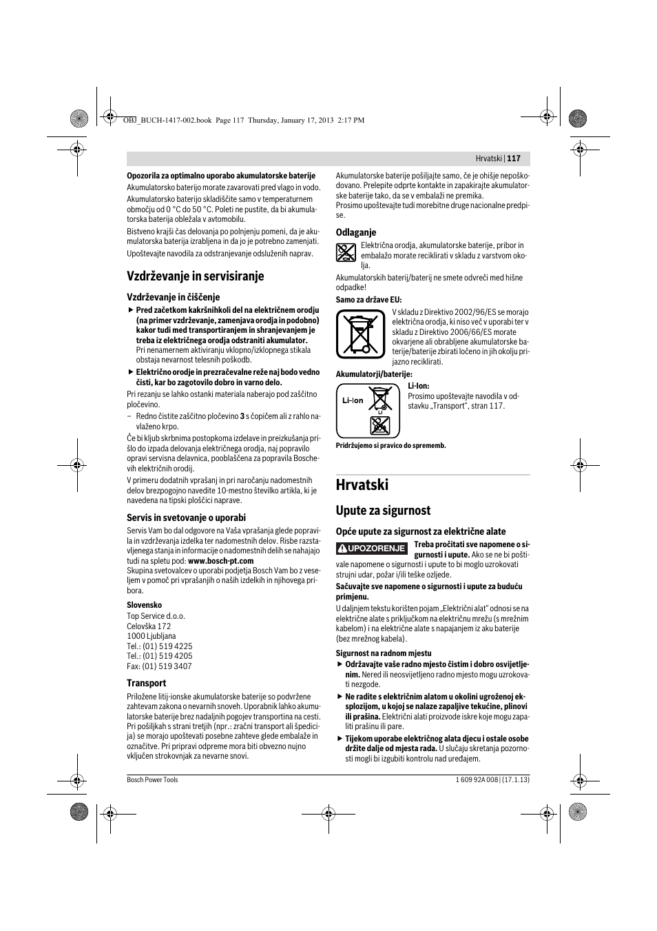 Hrvatski, Vzdrževanje in servisiranje, Upute za sigurnost | Bosch GUS 10,8 V-LI Professional User Manual | Page 117 / 145