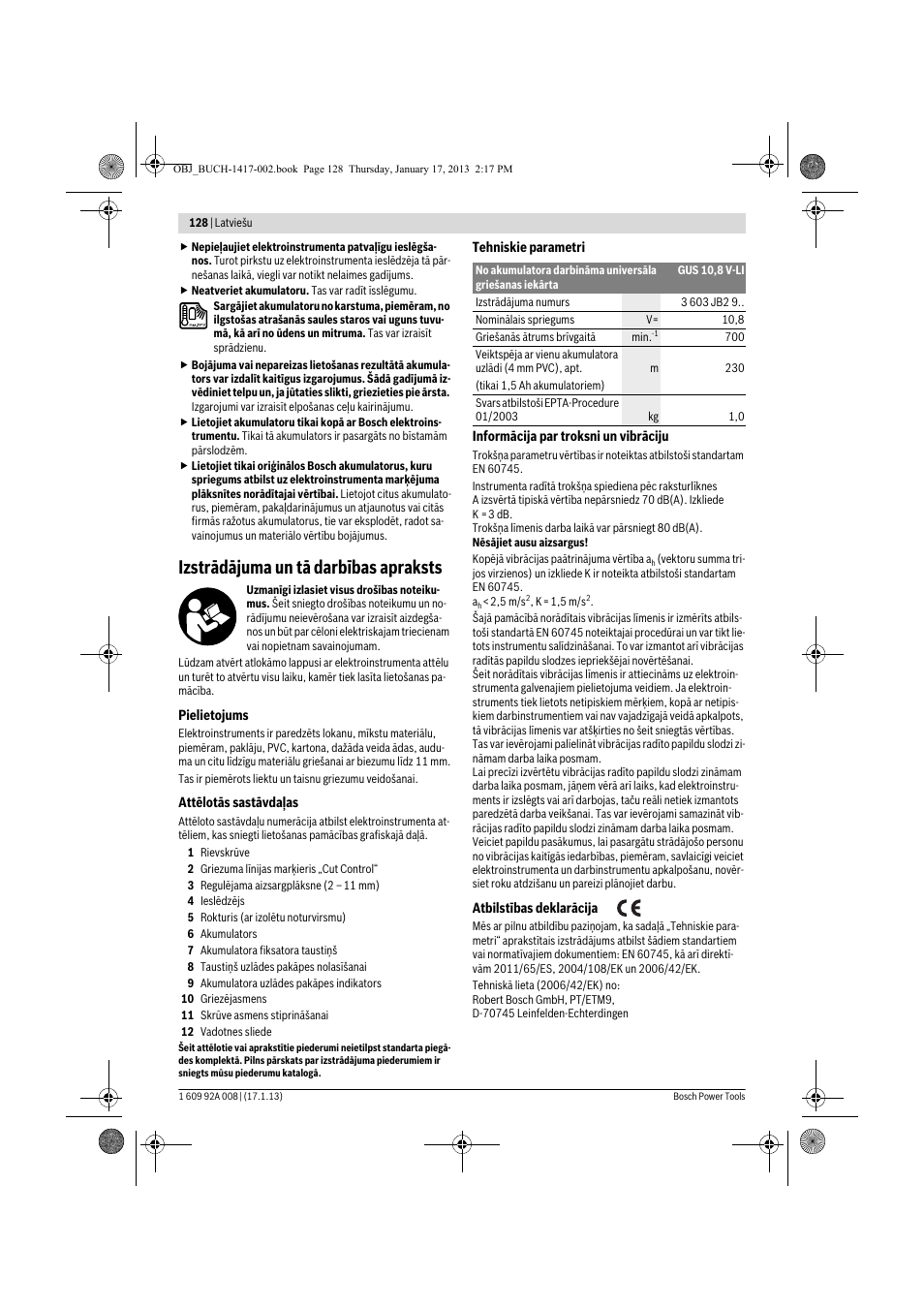 Izstrādājuma un tā darbības apraksts | Bosch GUS 10,8 V-LI Professional User Manual | Page 128 / 145
