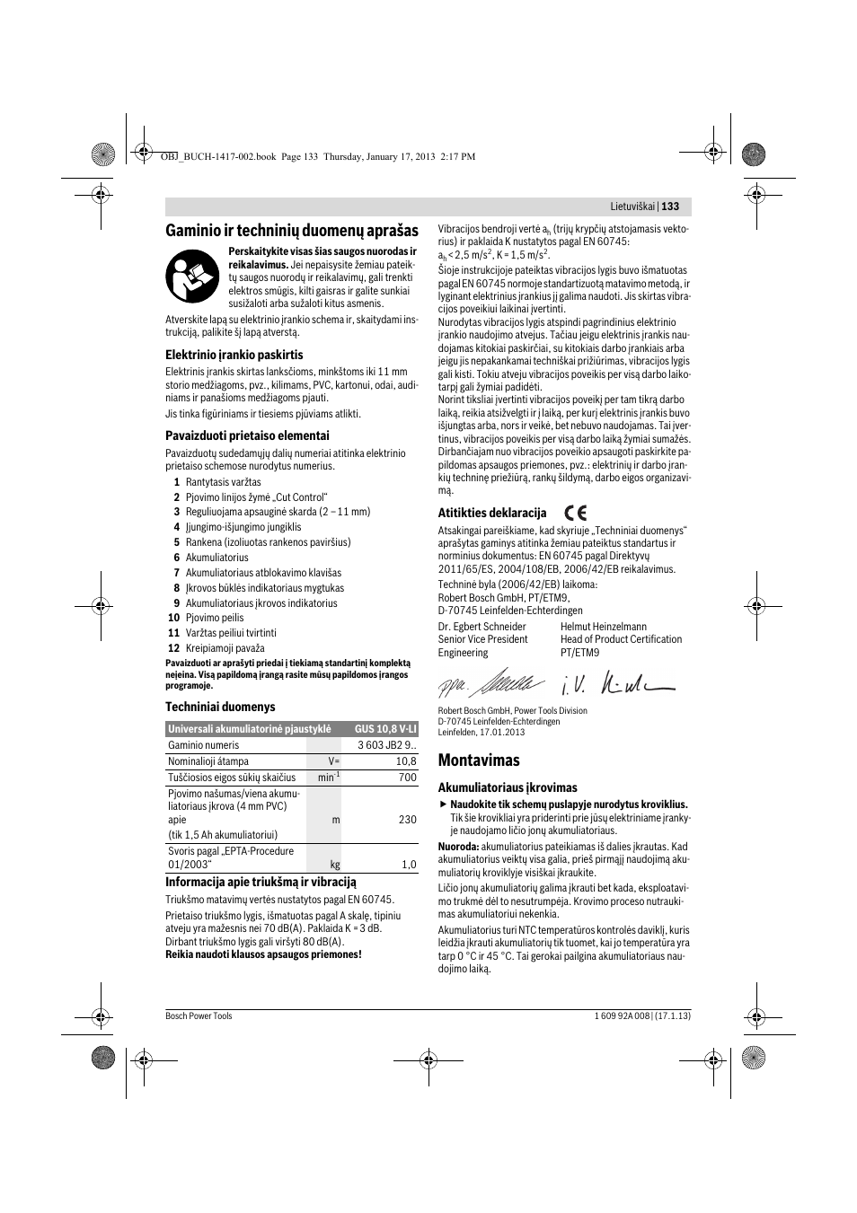 Gaminio ir techninių duomenų aprašas, Montavimas | Bosch GUS 10,8 V-LI Professional User Manual | Page 133 / 145