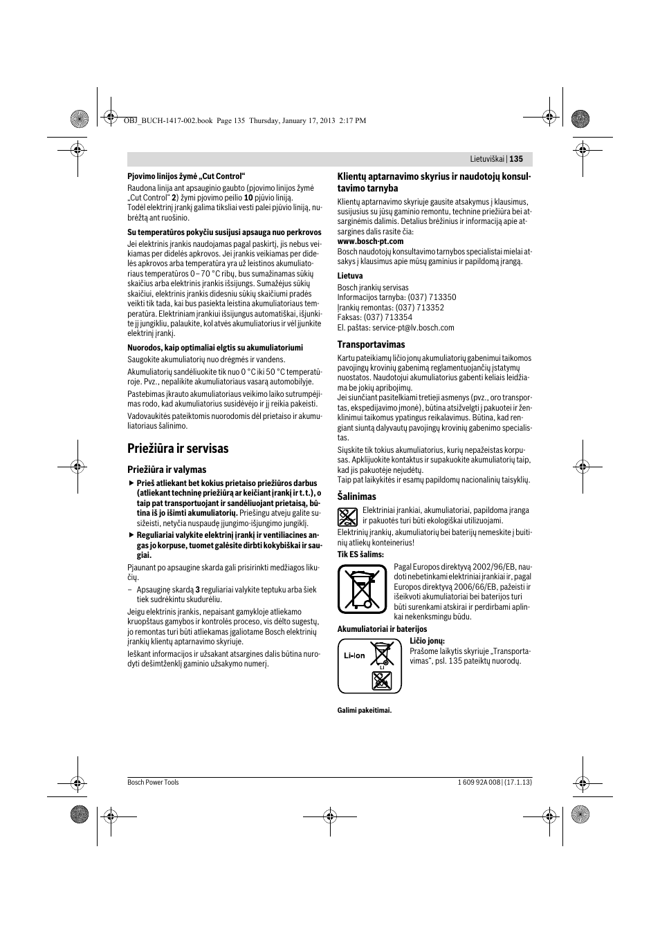 Priežiūra ir servisas | Bosch GUS 10,8 V-LI Professional User Manual | Page 135 / 145