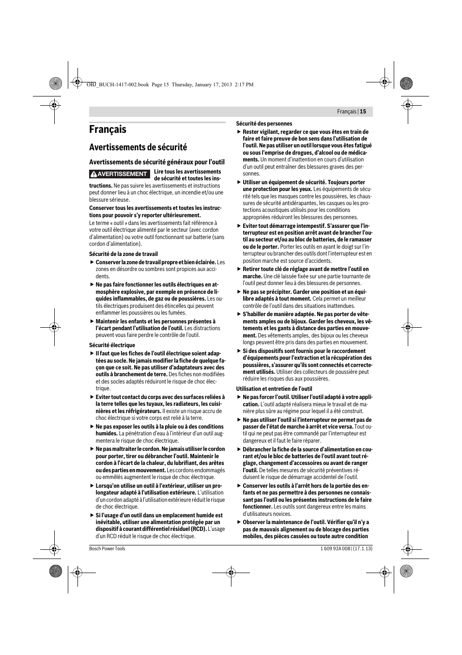 Français, Avertissements de sécurité | Bosch GUS 10,8 V-LI Professional User Manual | Page 15 / 145