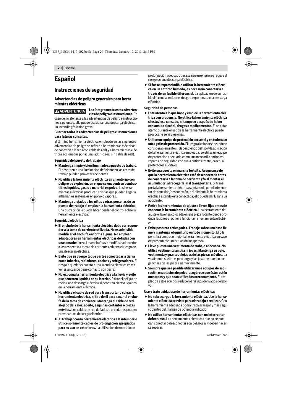 Español, Instrucciones de seguridad | Bosch GUS 10,8 V-LI Professional User Manual | Page 20 / 145