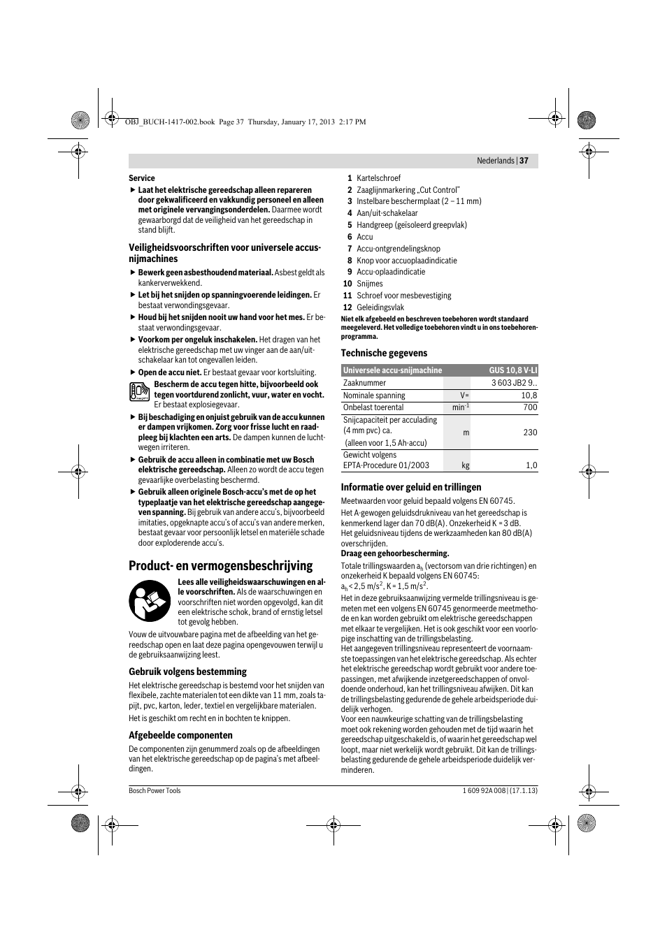 Product- en vermogensbeschrijving | Bosch GUS 10,8 V-LI Professional User Manual | Page 37 / 145