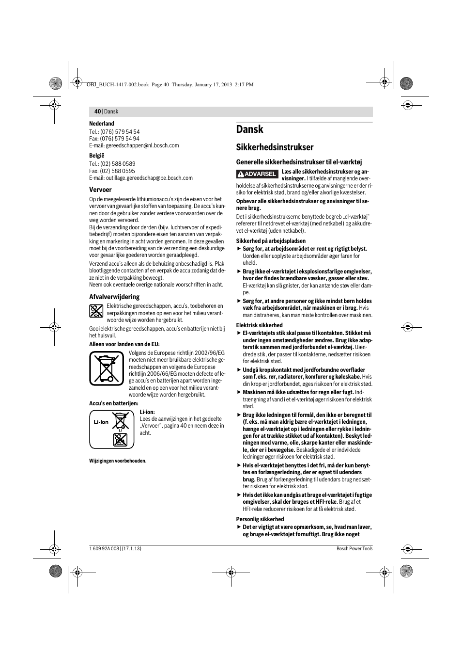 Dansk, Sikkerhedsinstrukser | Bosch GUS 10,8 V-LI Professional User Manual | Page 40 / 145