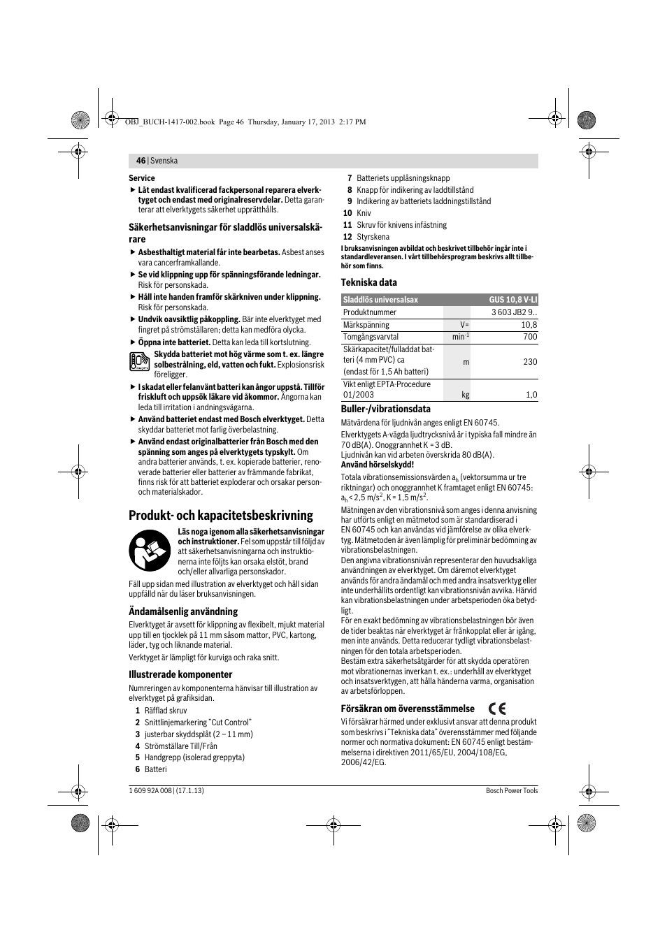 Produkt- och kapacitetsbeskrivning | Bosch GUS 10,8 V-LI Professional User Manual | Page 46 / 145