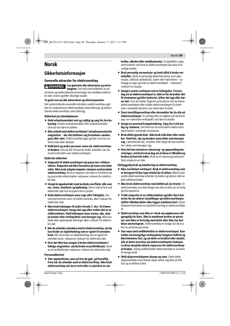 Norsk, Sikkerhetsinformasjon | Bosch GUS 10,8 V-LI Professional User Manual | Page 49 / 145