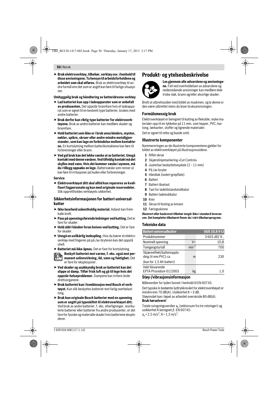 Produkt- og ytelsesbeskrivelse | Bosch GUS 10,8 V-LI Professional User Manual | Page 50 / 145