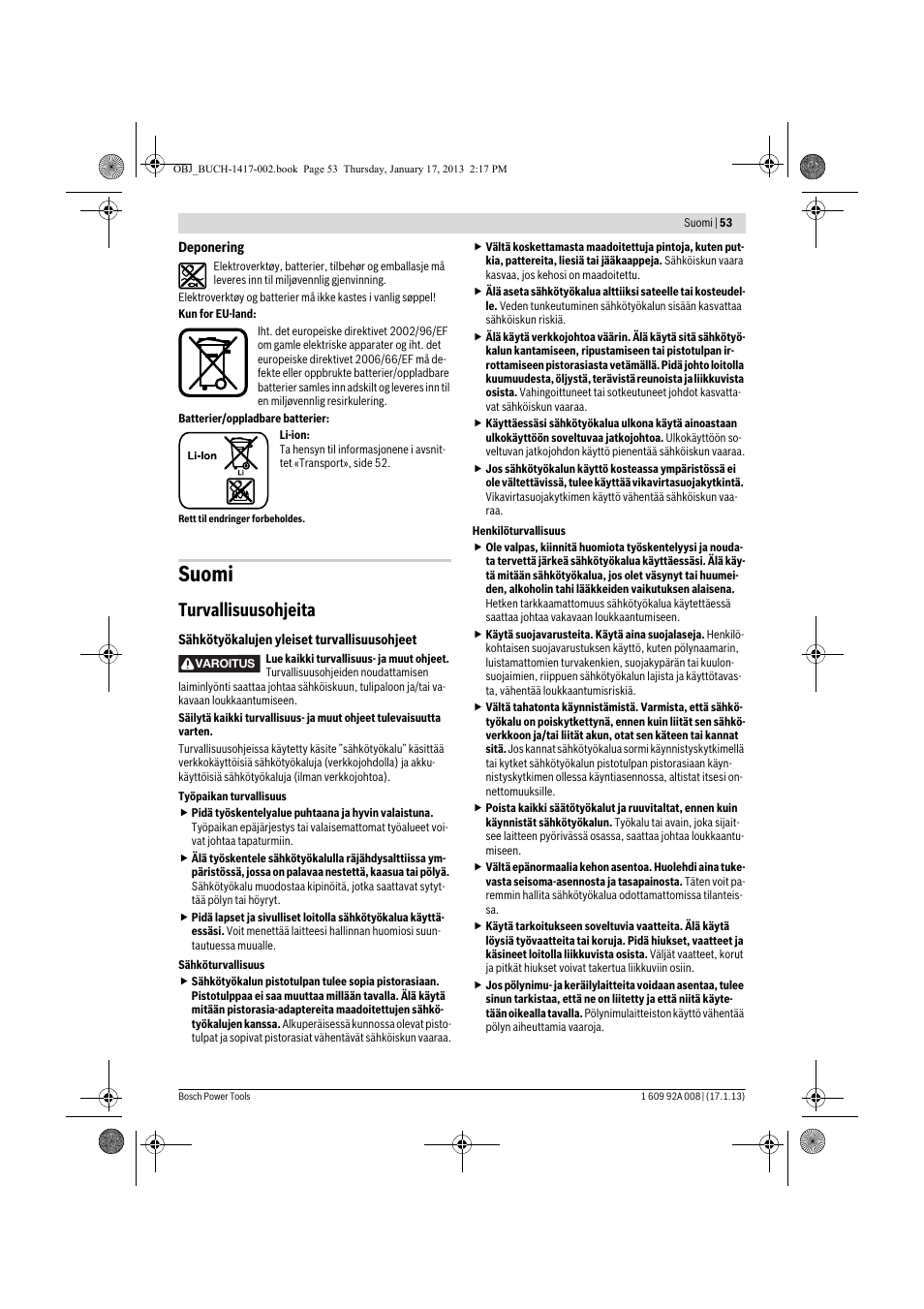 Suomi, Turvallisuusohjeita | Bosch GUS 10,8 V-LI Professional User Manual | Page 53 / 145