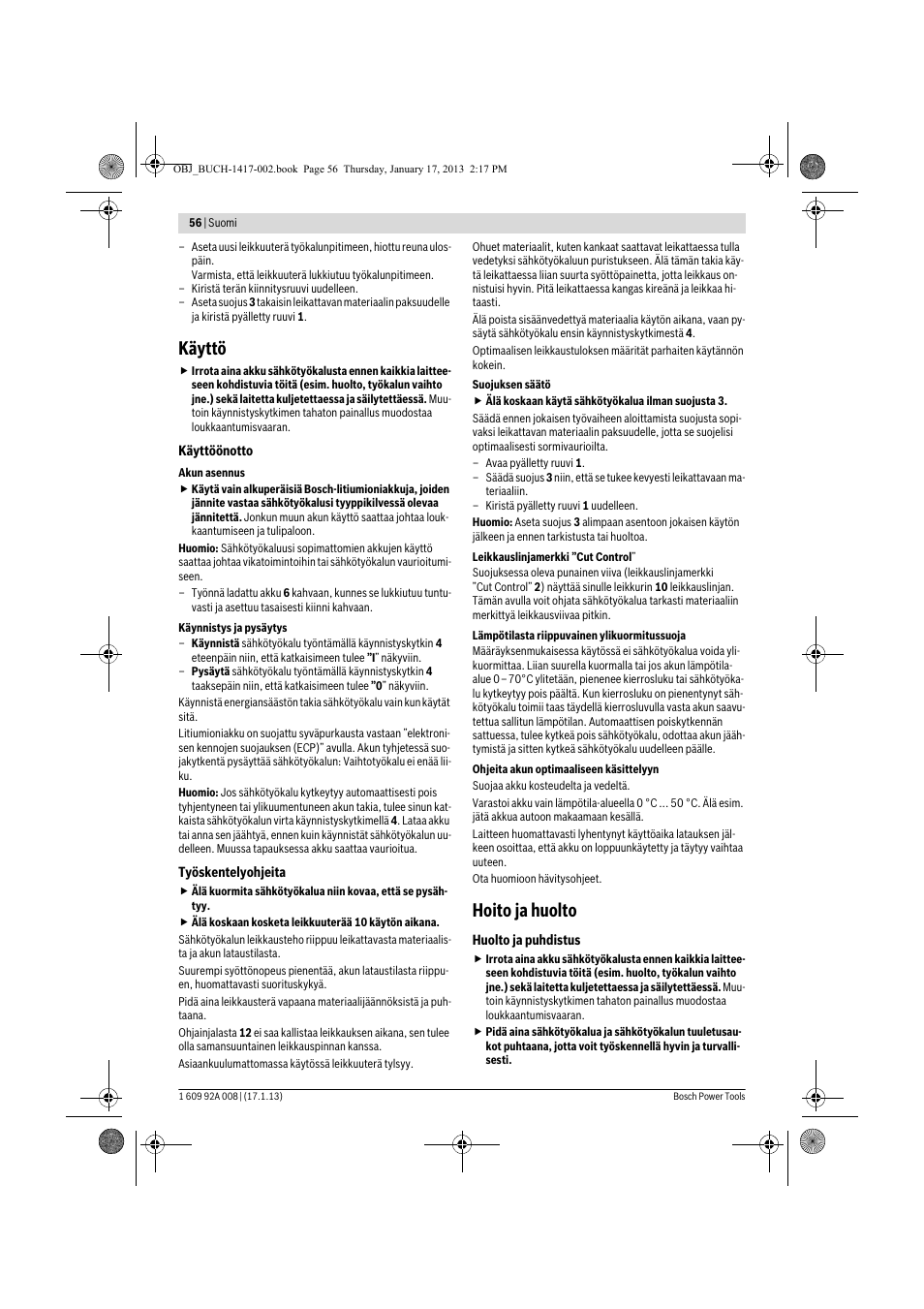 Käyttö, Hoito ja huolto | Bosch GUS 10,8 V-LI Professional User Manual | Page 56 / 145