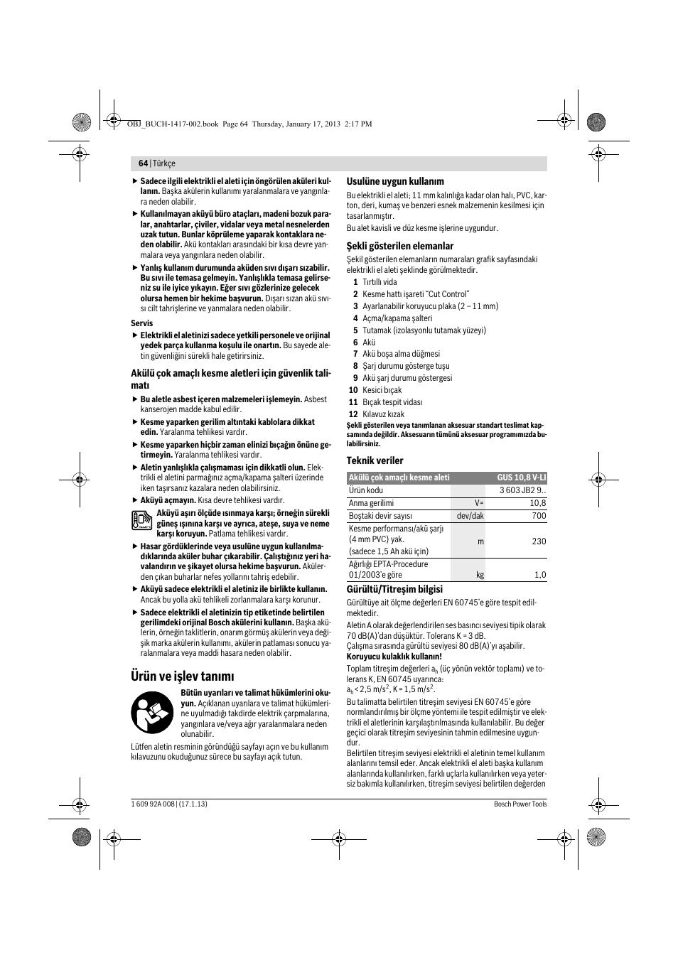 Ürün ve işlev tanımı | Bosch GUS 10,8 V-LI Professional User Manual | Page 64 / 145