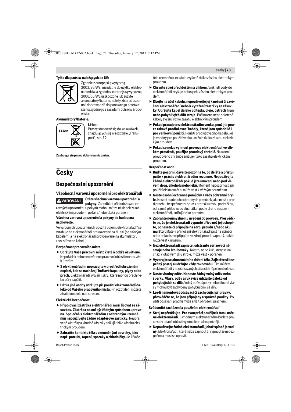 Česky, Bezpečnostní upozornění | Bosch GUS 10,8 V-LI Professional User Manual | Page 73 / 145