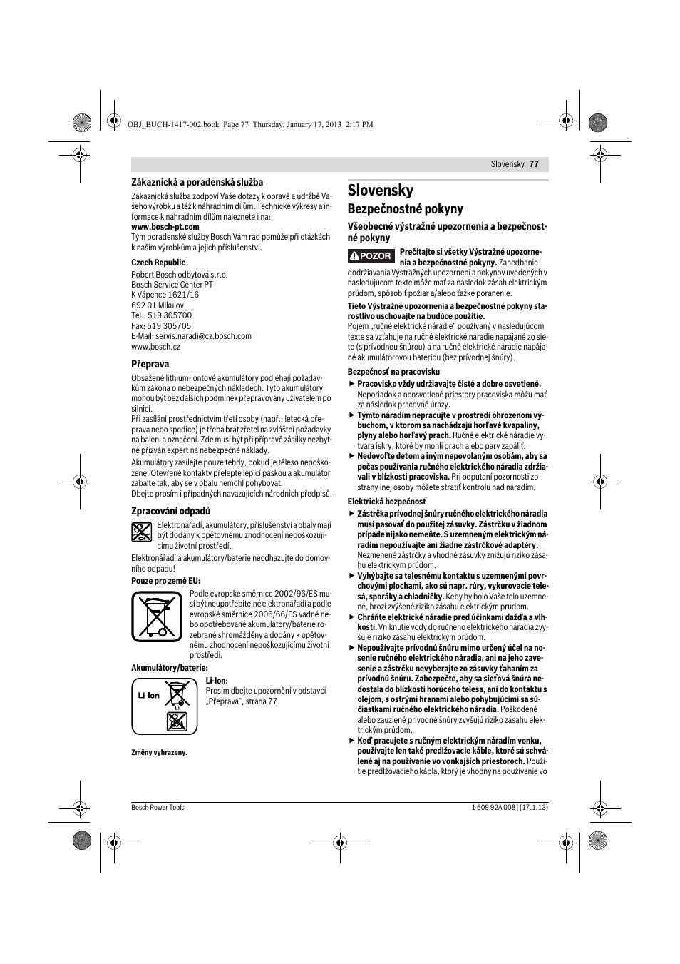 Slovensky, Bezpečnostné pokyny | Bosch GUS 10,8 V-LI Professional User Manual | Page 77 / 145