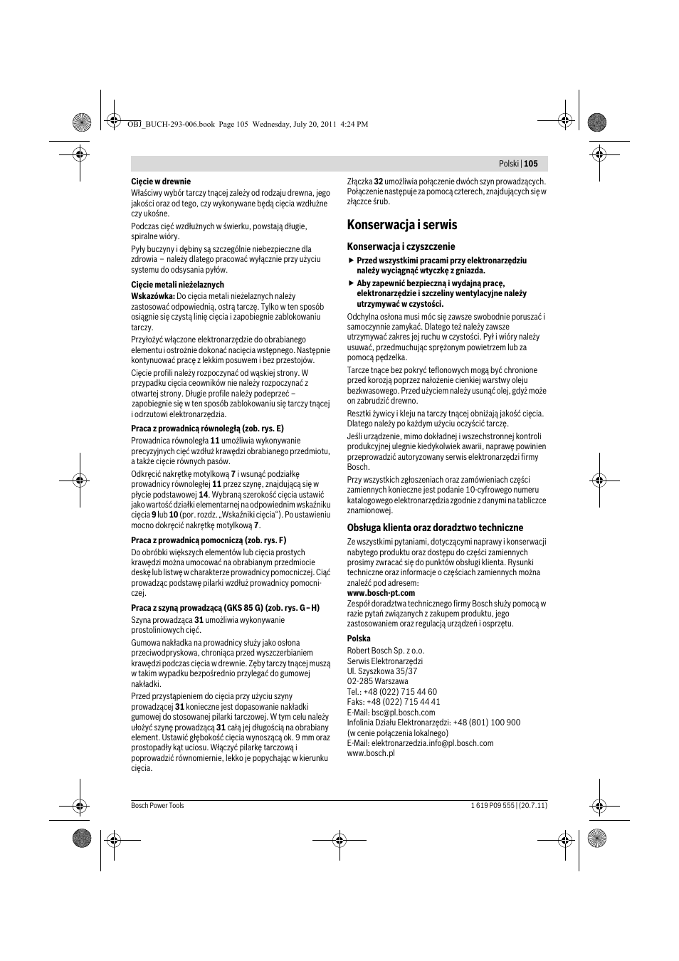 Konserwacja i serwis | Bosch GKS 85 G Professional User Manual | Page 105 / 217