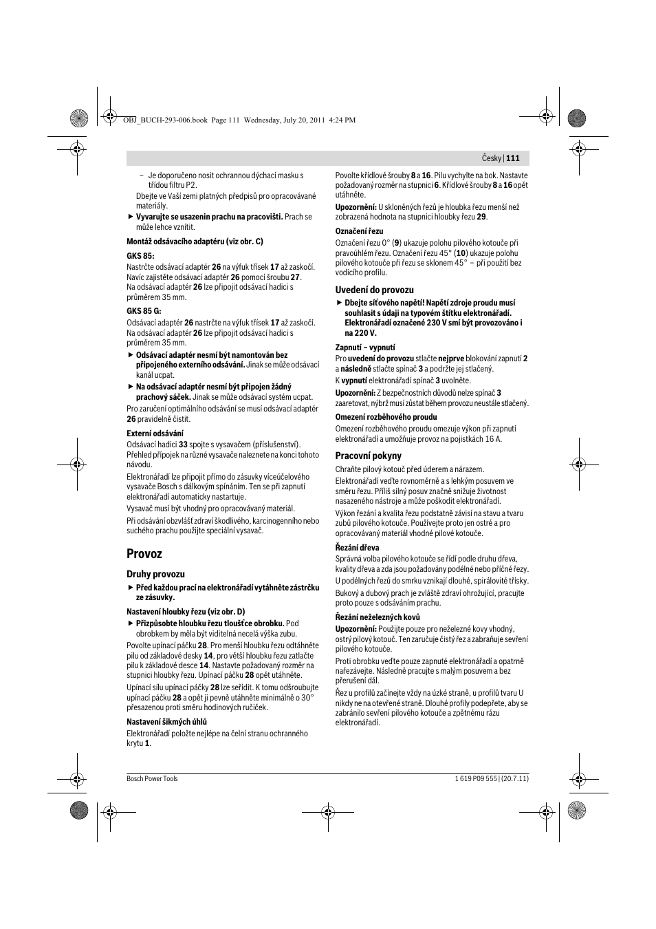 Provoz | Bosch GKS 85 G Professional User Manual | Page 111 / 217
