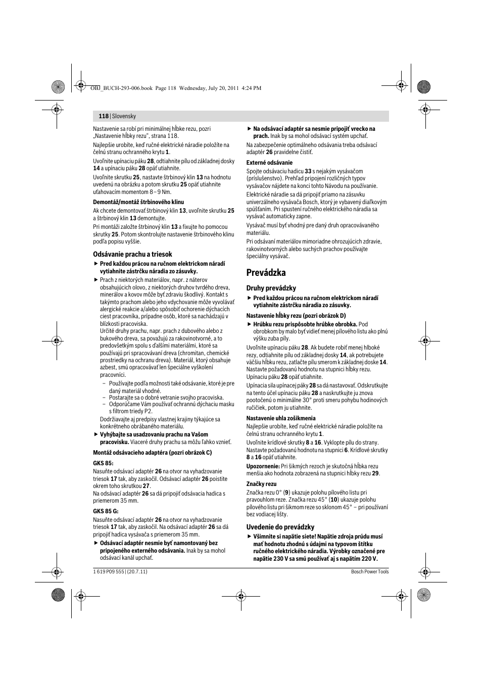 Prevádzka | Bosch GKS 85 G Professional User Manual | Page 118 / 217