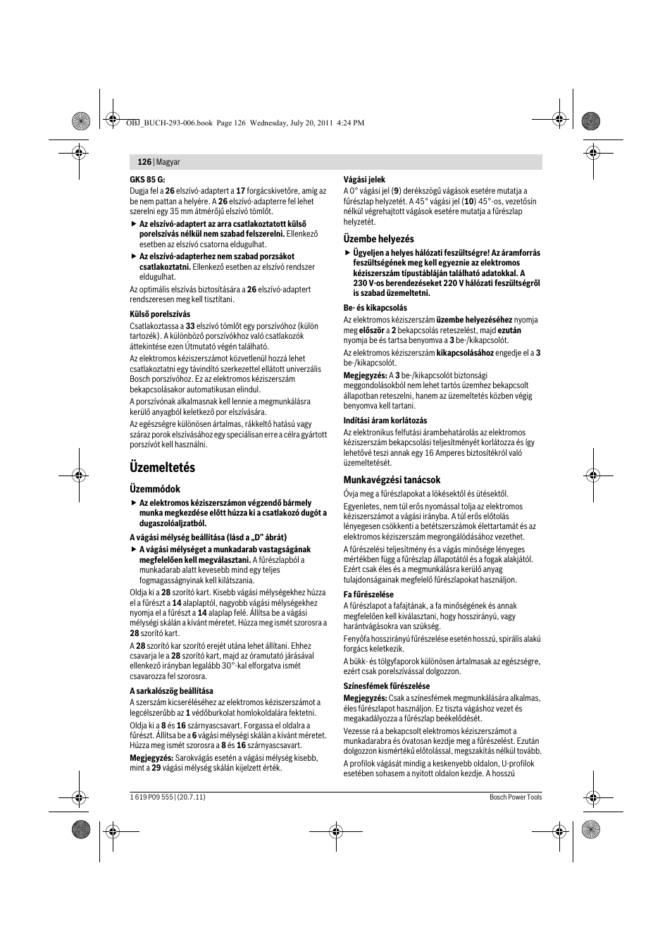 Üzemeltetés | Bosch GKS 85 G Professional User Manual | Page 126 / 217