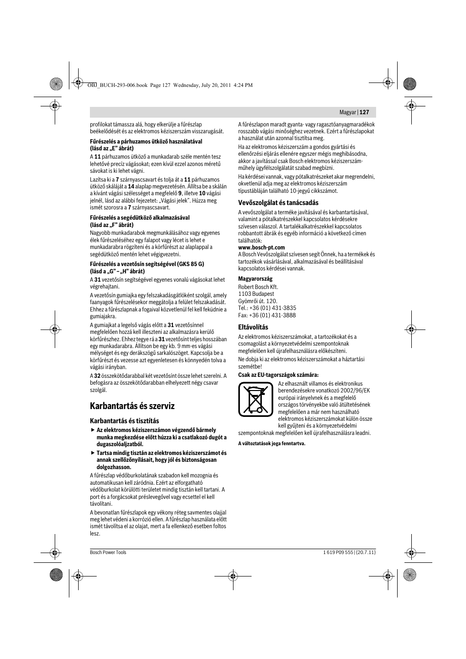 Karbantartás és szerviz | Bosch GKS 85 G Professional User Manual | Page 127 / 217