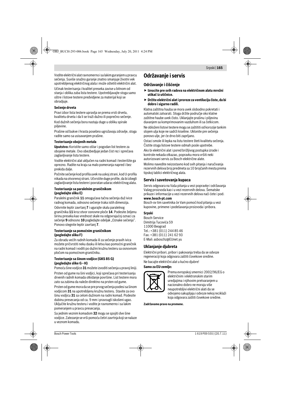 Održavanje i servis | Bosch GKS 85 G Professional User Manual | Page 165 / 217