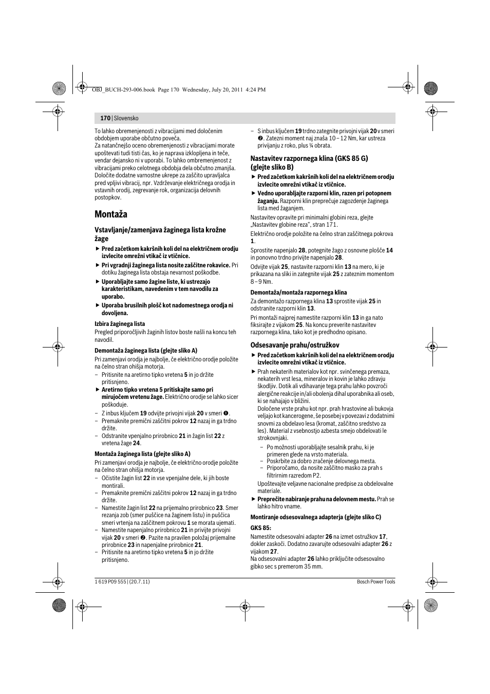 Montaža | Bosch GKS 85 G Professional User Manual | Page 170 / 217