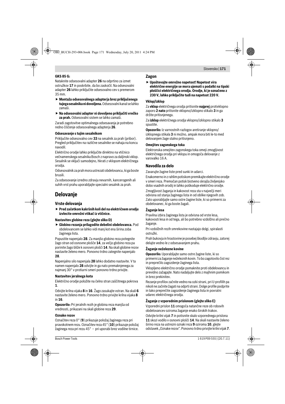 Delovanje | Bosch GKS 85 G Professional User Manual | Page 171 / 217