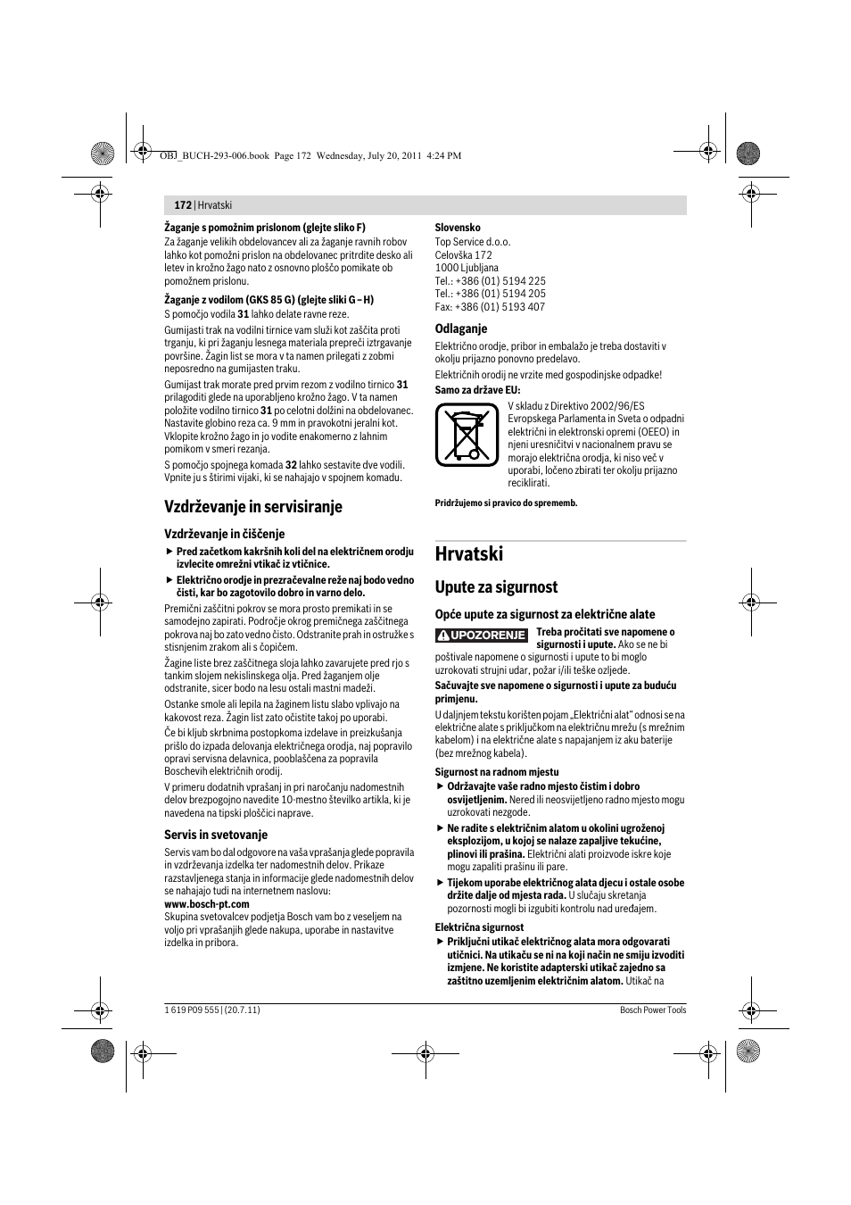 Hrvatski, Vzdrževanje in servisiranje, Upute za sigurnost | Bosch GKS 85 G Professional User Manual | Page 172 / 217