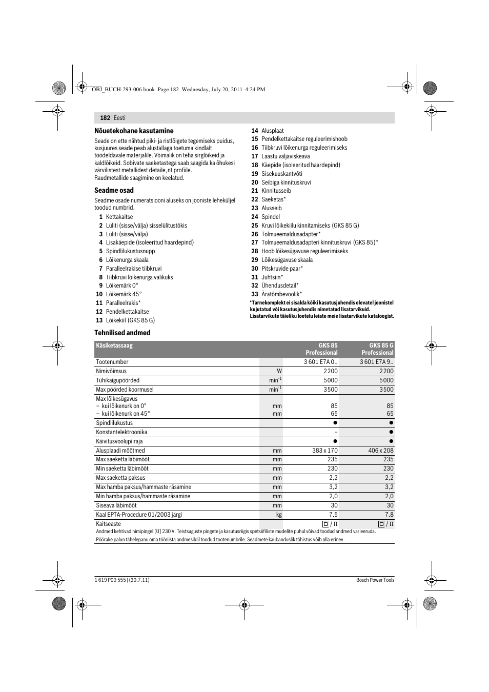 Bosch GKS 85 G Professional User Manual | Page 182 / 217