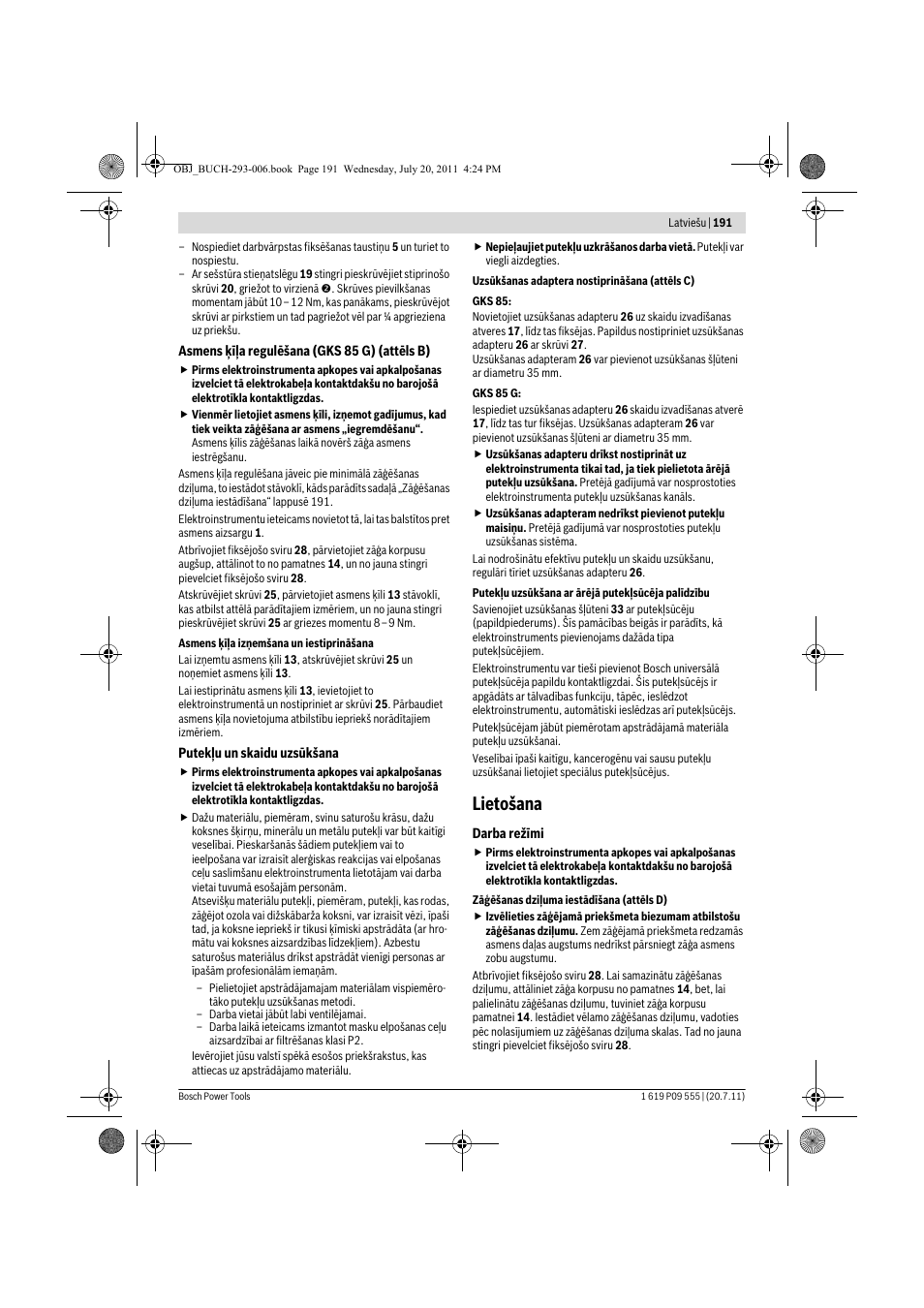 Lietošana | Bosch GKS 85 G Professional User Manual | Page 191 / 217