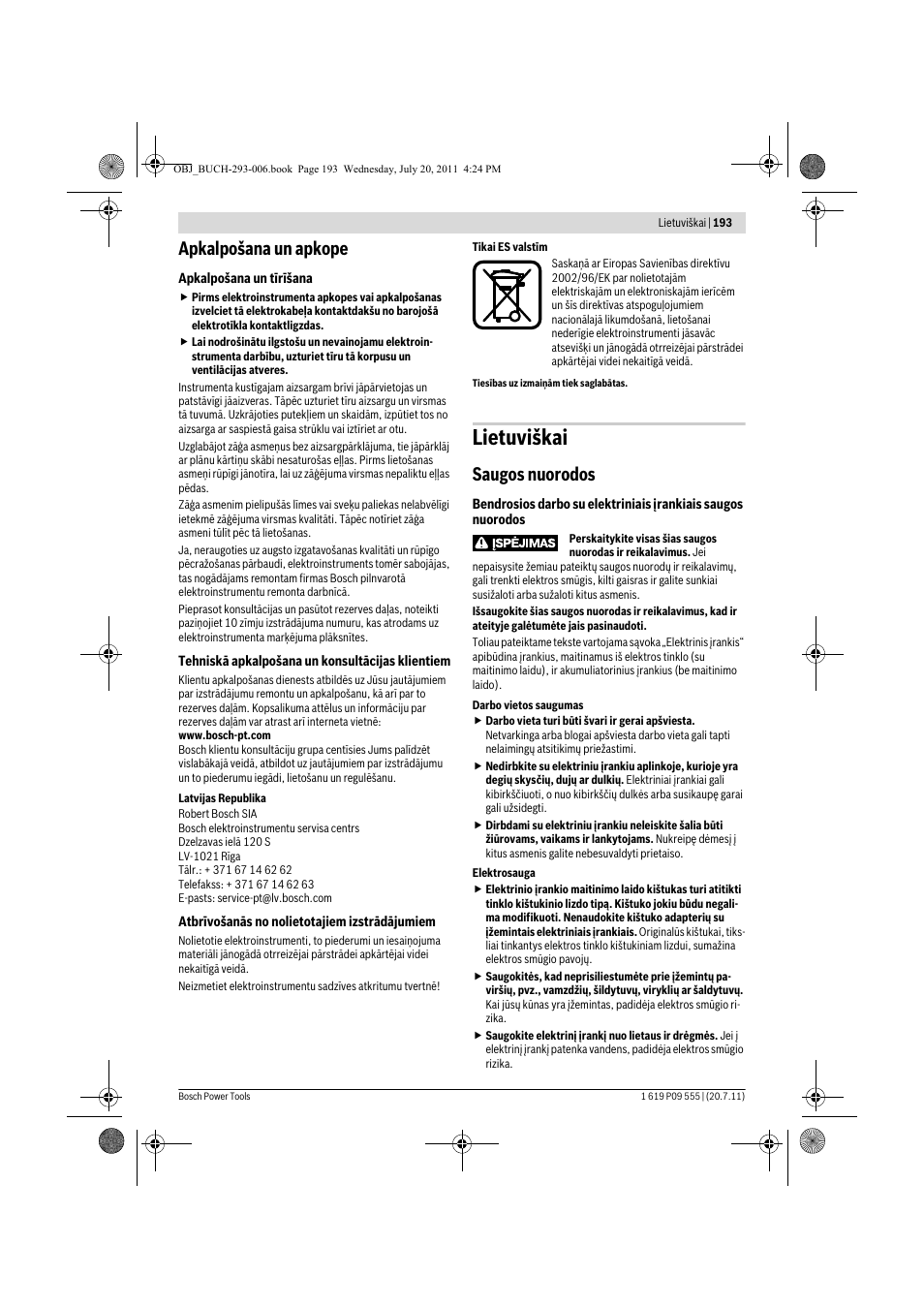 Lietuviškai, Apkalpošana un apkope, Saugos nuorodos | Bosch GKS 85 G Professional User Manual | Page 193 / 217