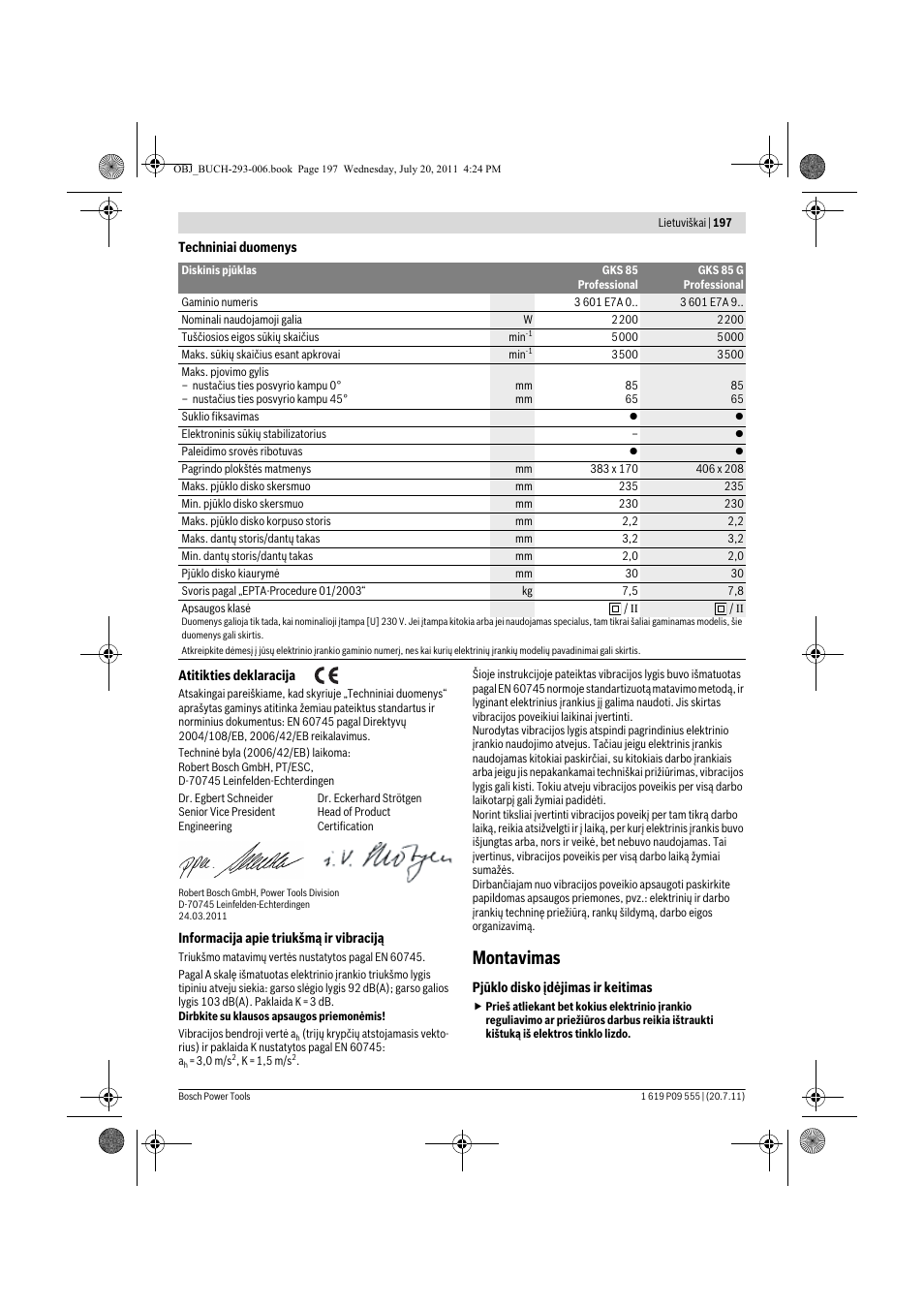 Montavimas | Bosch GKS 85 G Professional User Manual | Page 197 / 217