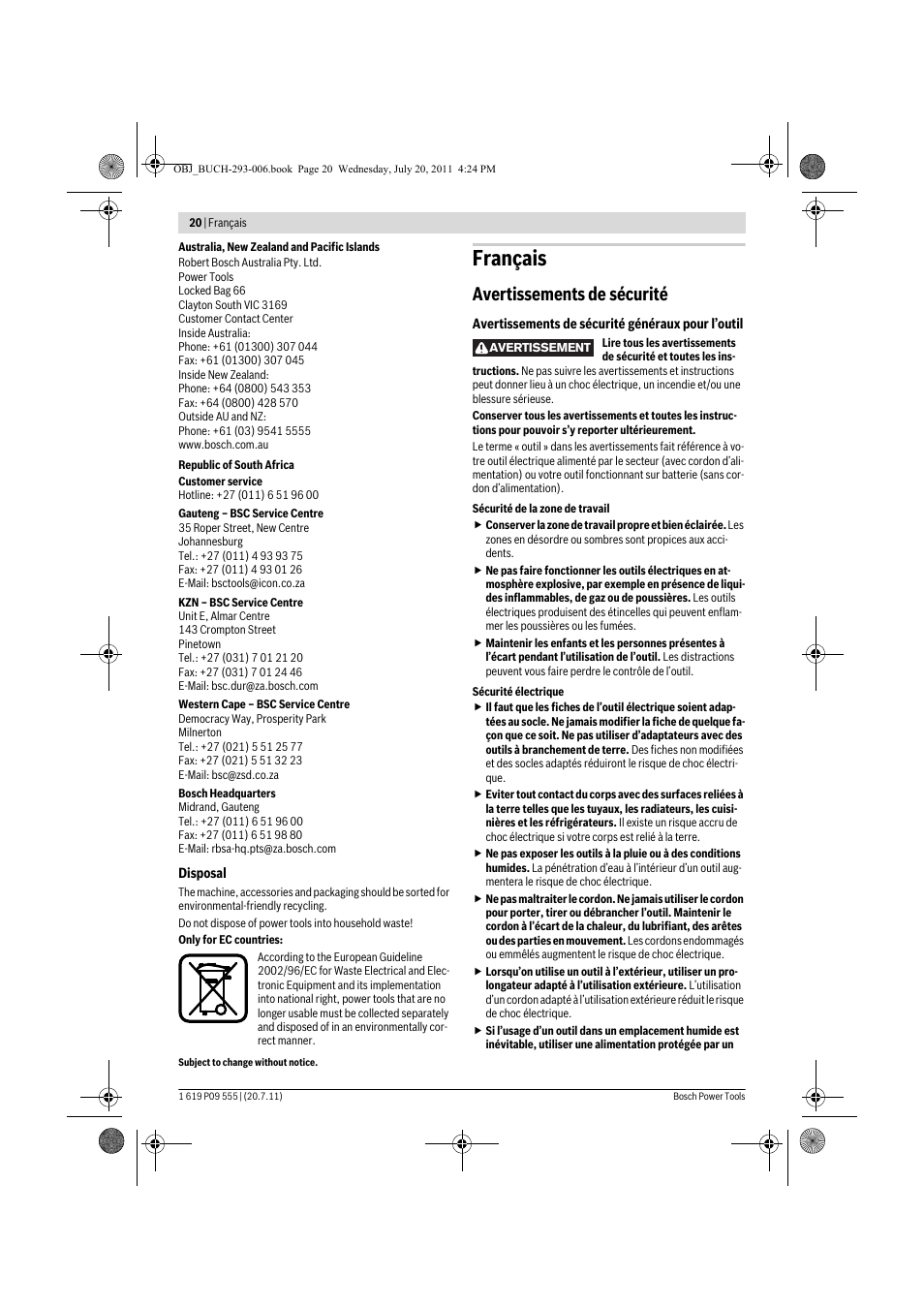 Français, Avertissements de sécurité | Bosch GKS 85 G Professional User Manual | Page 20 / 217