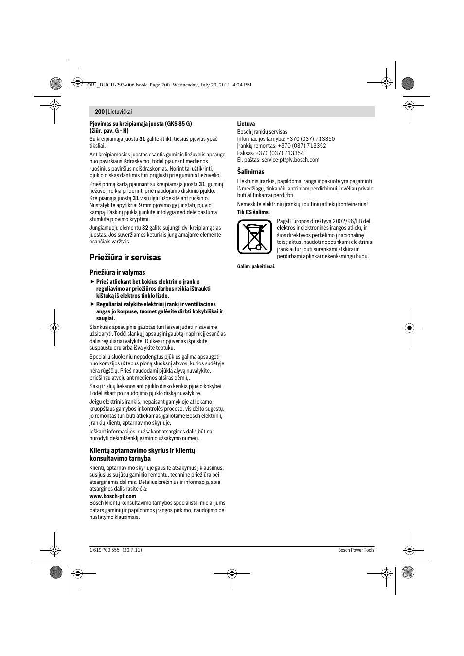 Priežiūra ir servisas | Bosch GKS 85 G Professional User Manual | Page 200 / 217