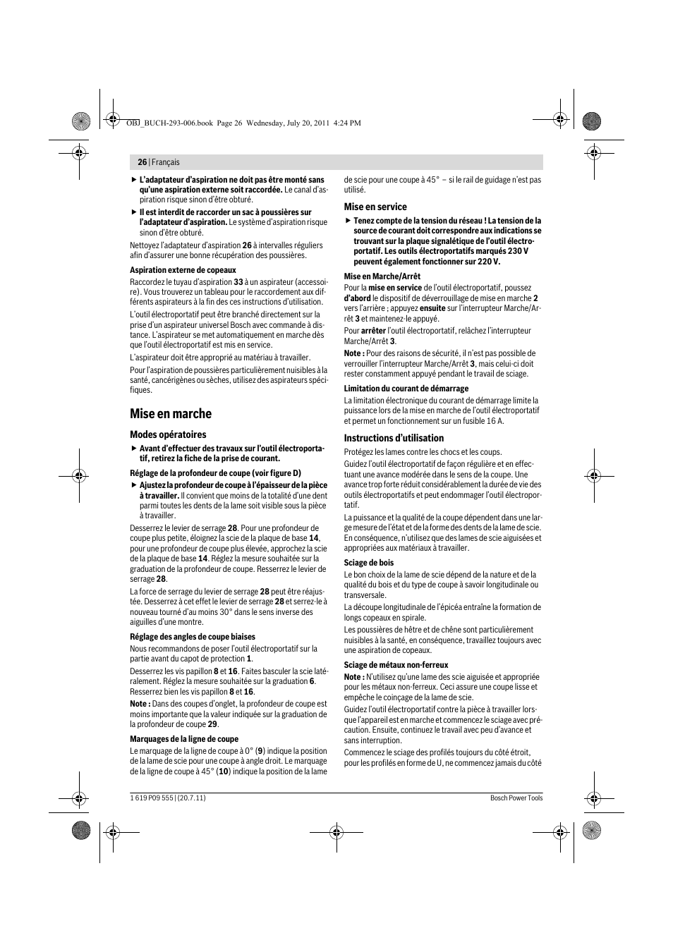 Mise en marche | Bosch GKS 85 G Professional User Manual | Page 26 / 217