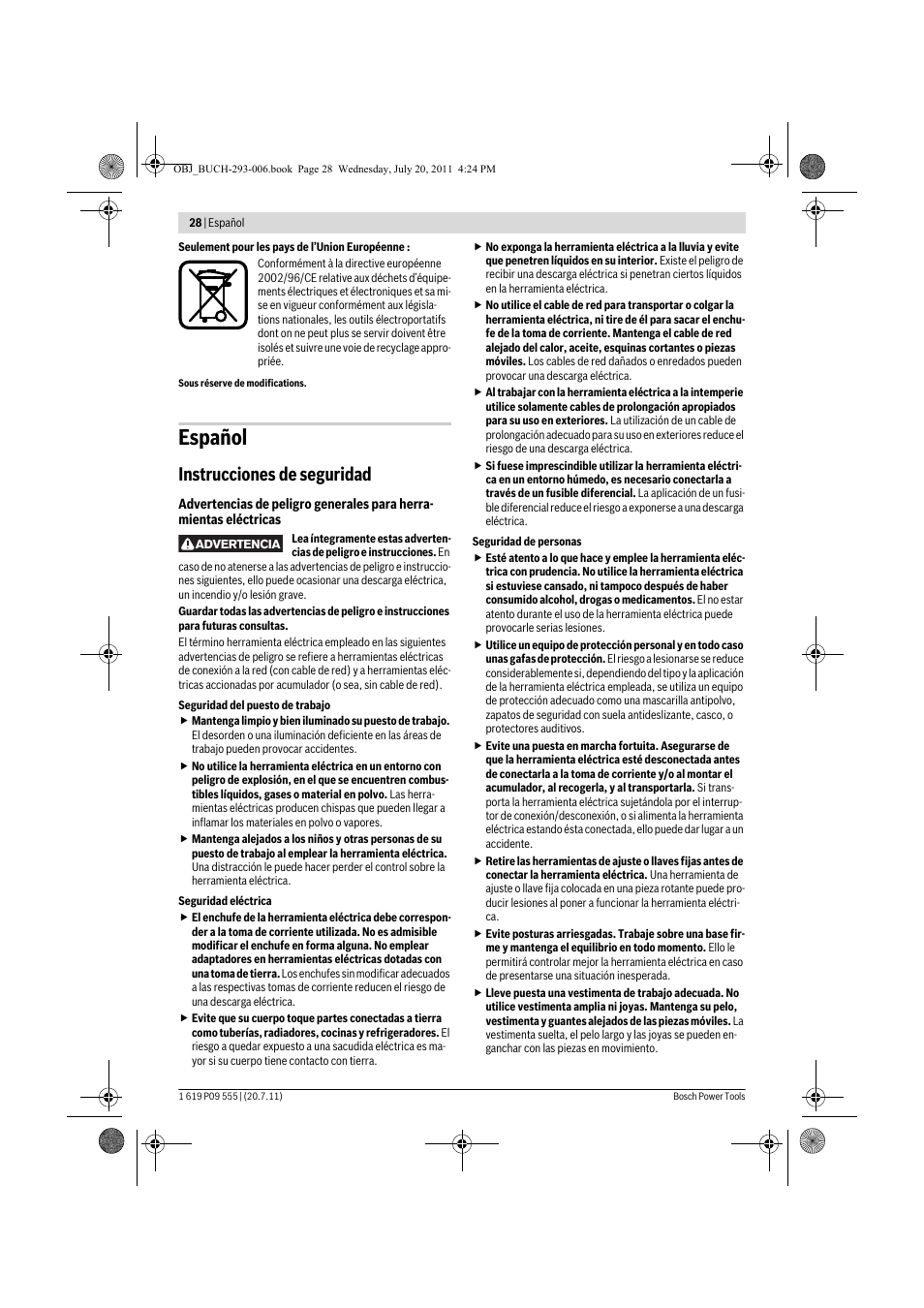 Español, Instrucciones de seguridad | Bosch GKS 85 G Professional User Manual | Page 28 / 217